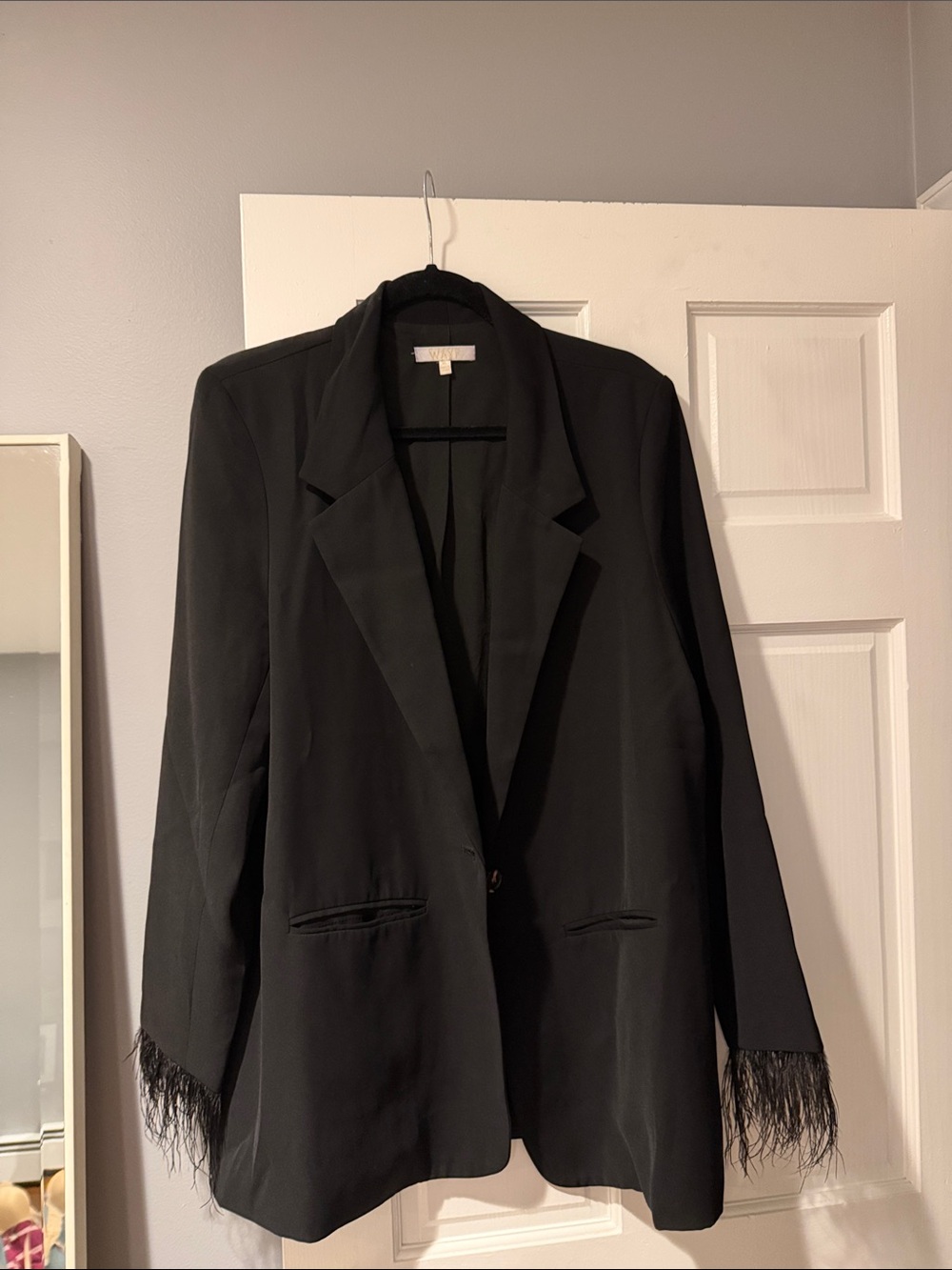 Black Feather-Trim Blazer Jacket - Women's